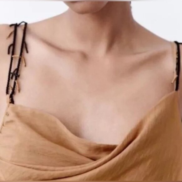 NWT‎ ZARA Women's Asymmetrical Wrap Brown Beaded Top Open Sleeveless Size XXL - Picture 4 of 12